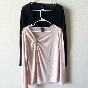 LOT of 2 Ann Taylor Baby Pink Black Office Minimalist Solid Long Sleeve Tops L